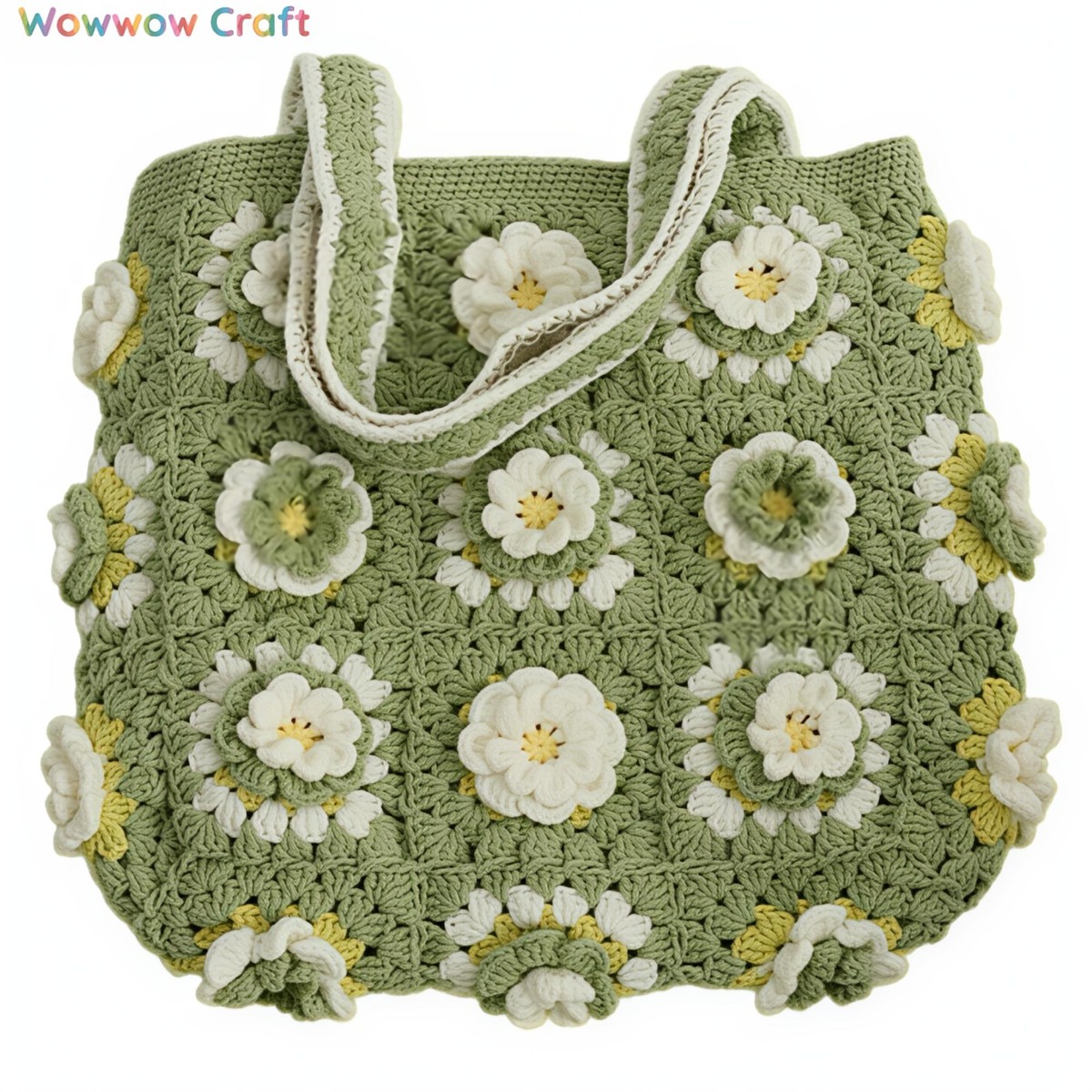 Shoulder Bags,Totes,Crochet Bags,Matcha Colored Flower Slices Granny Square Tote crocheted with Snow Fairy Yarn - High quality handmade crocheted shoulder bag